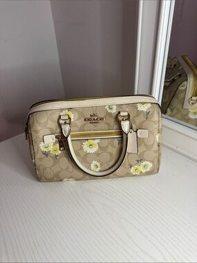 Coach Beige Signature Floral Satchel with Yellow Daisies